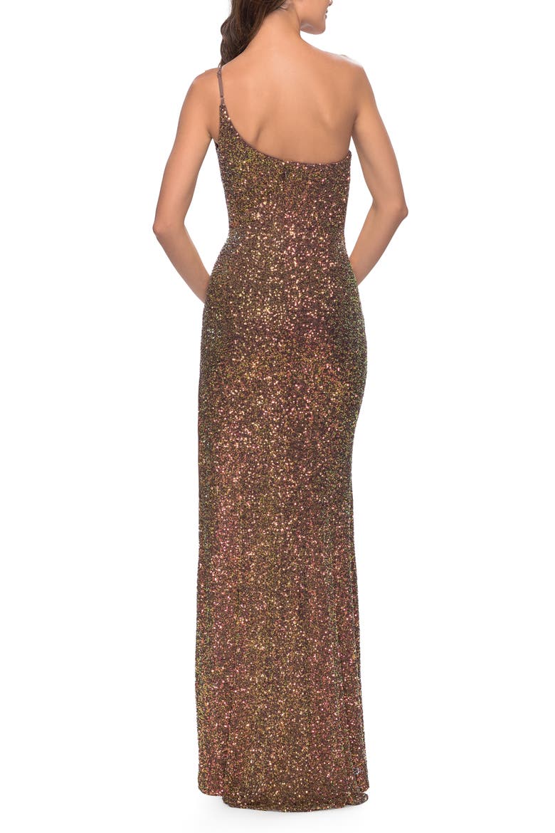 Elegant Soft Sequin One Shoulder Long Dress in Bronze, Alternate, color, Bronze