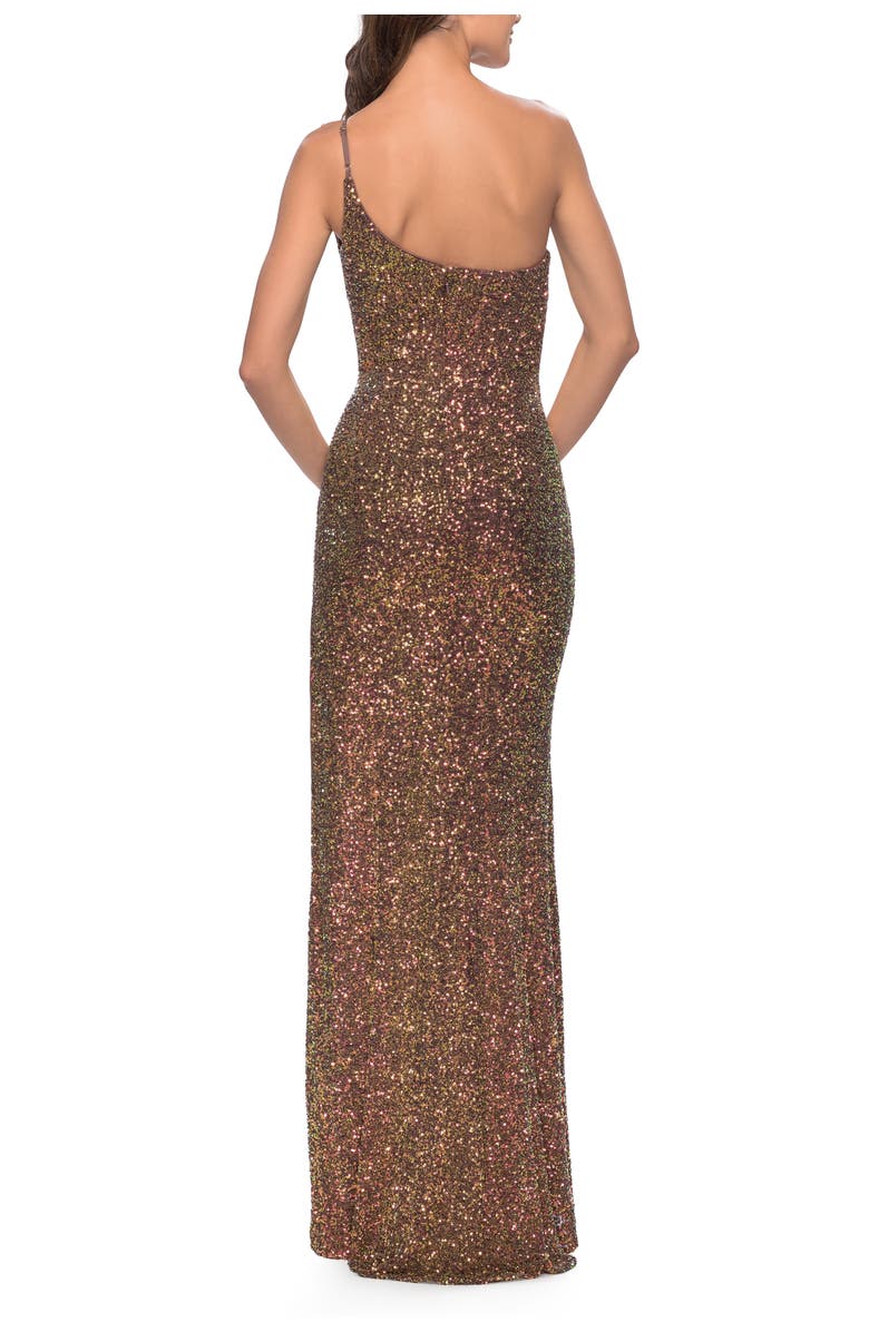 La Femme Elegant Soft Sequin One Shoulder Long Dress in Bronze, Alternate, color, Bronze
