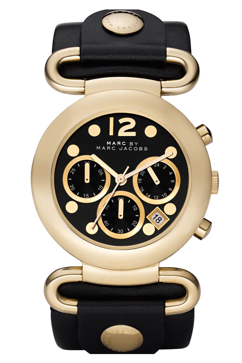 'Molly Chrono' Leather Strap Watch, Main, color, BLACK/ GOLD