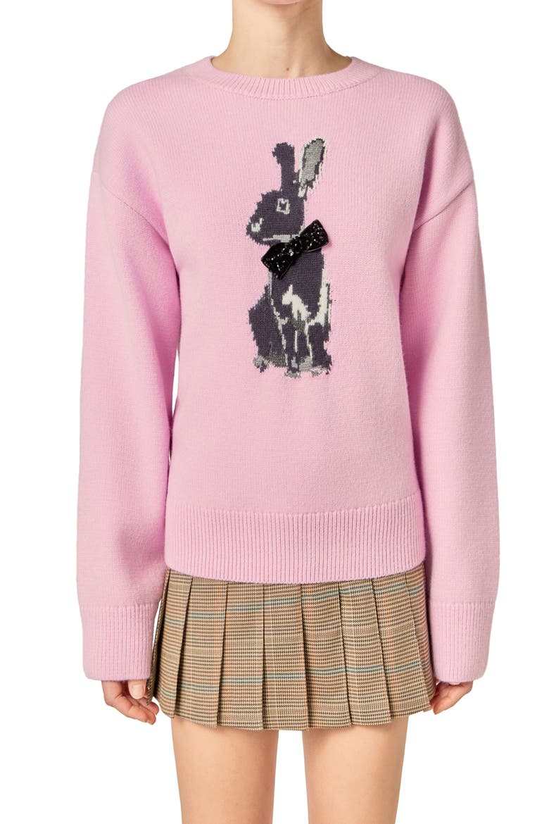 Embellished Intarsia Bunny Crewneck Sweater, Alternate, color, PINK/ BLACK
