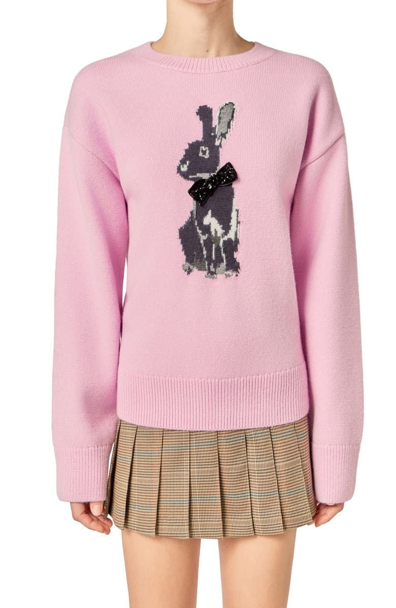 English Factory Embellished Intarsia Bunny Crewneck Sweater, Alternate, color, Pink/ Black