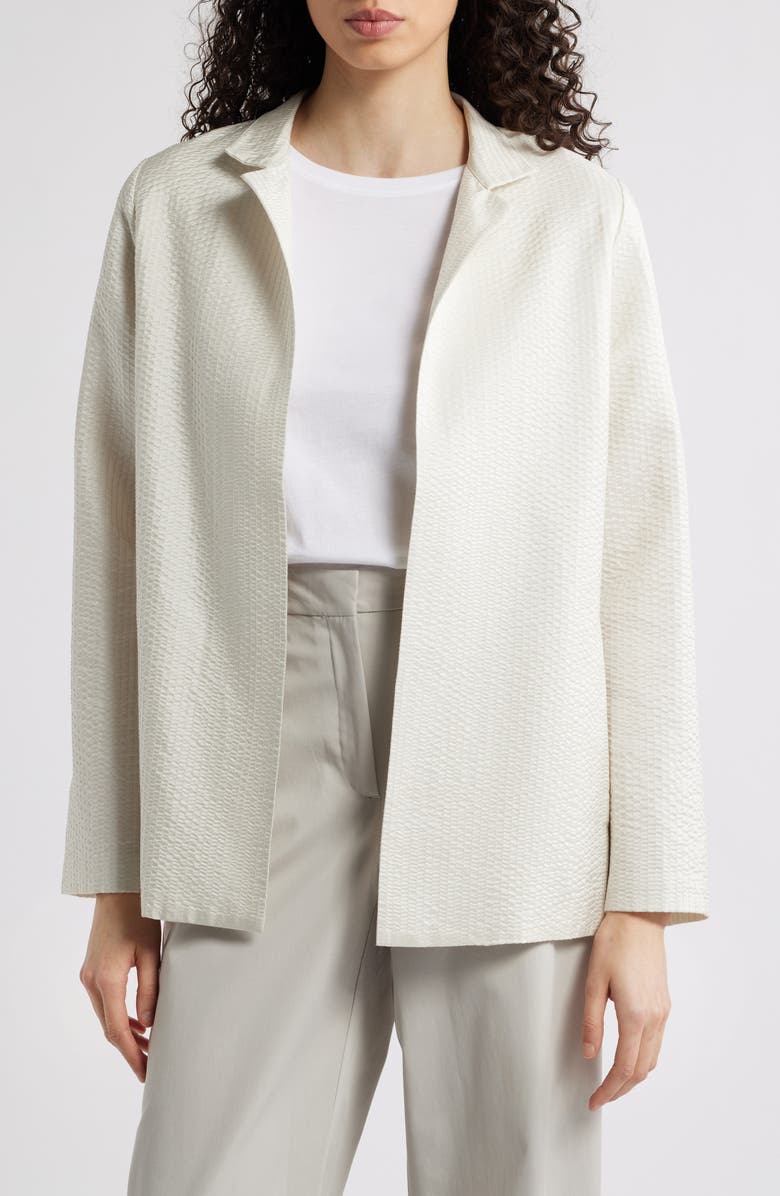 Eileen Fisher Stand Collar Open Front Silk Jacket, Main, color, Bone