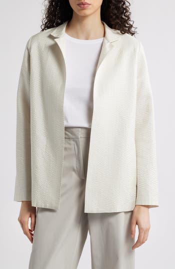 Eileen Fisher Stand Collar Open Front Silk Jacket In White