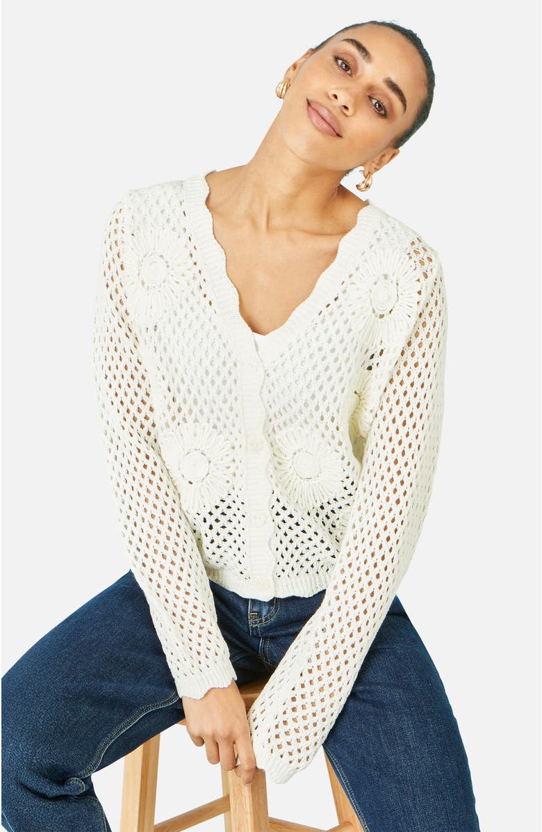 Yumi Flower Crochet Cardigan, Main, color, White