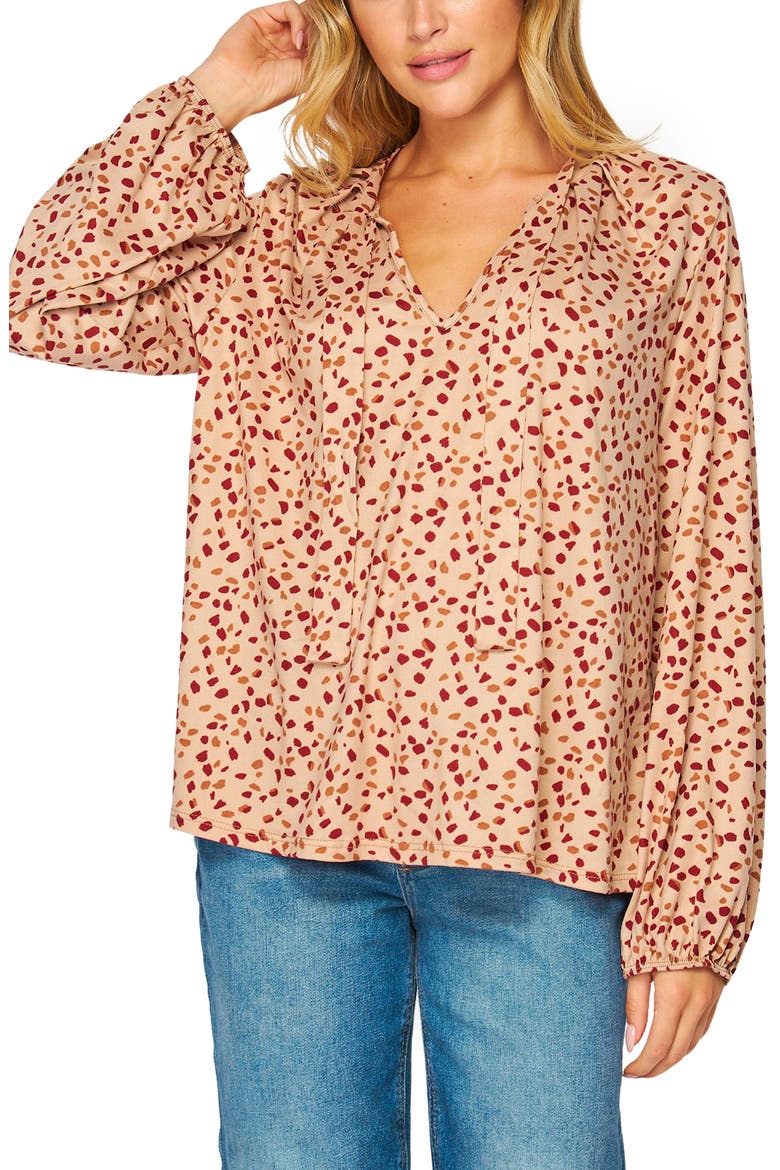 Poet Tie Front Long Sleeve Top, Main, color, TAUPE MULTI