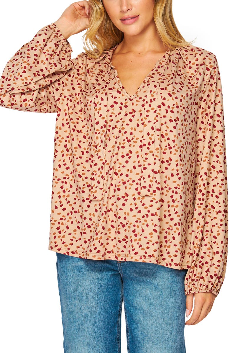 BLUEGREY Poet Tie Front Long Sleeve Top, Main, color, Taupe Multi