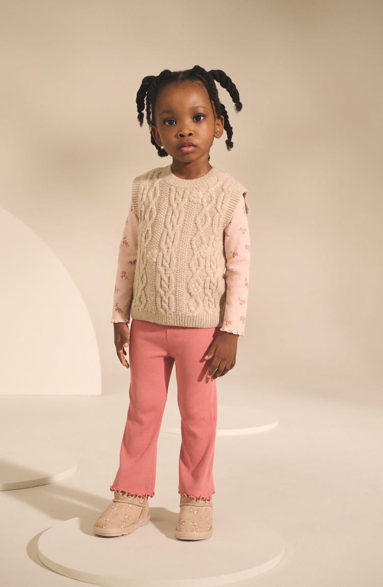 NEXT Kids' Floral Long Sleeve T-Shirt, Sweater Vest & Rib Leggings Set, Alternate, color, Pink
