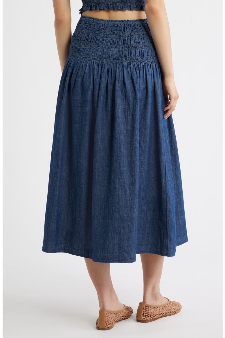 Smocked Waist Denim Midi Skirt, Alternate, color, DARK COVE WASH