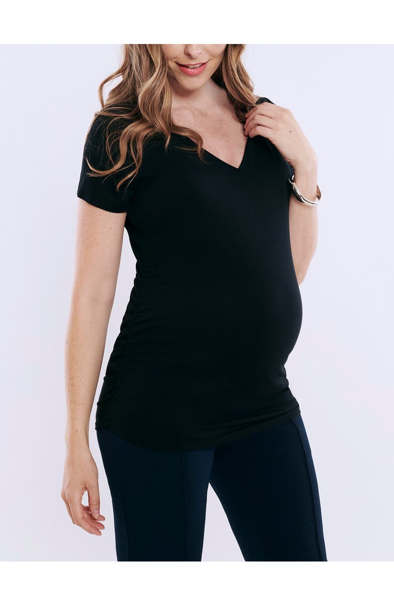 MOTHERHOOD MATERNITY V-Neck Side-Ruched Maternity Short Sleeve Tee, Alternate, color, Black
