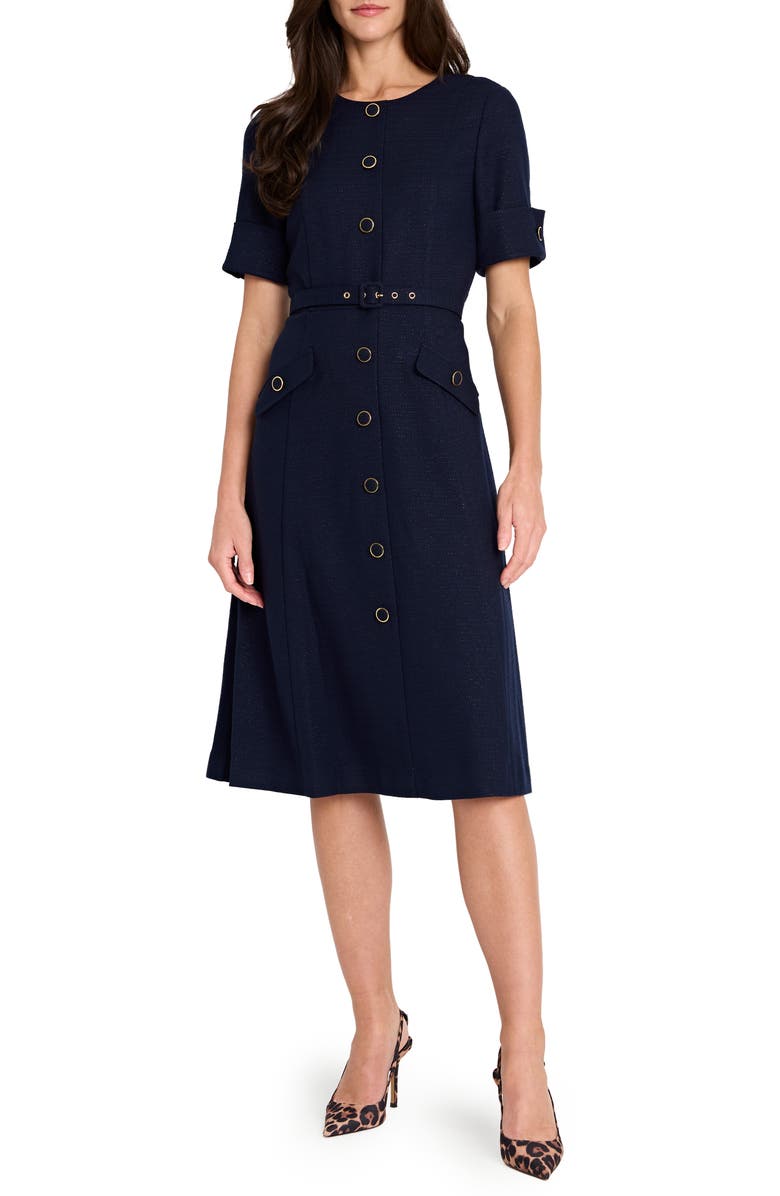 Tahari ASL Metallic Tweed Belted Dress, Main, color, Navy