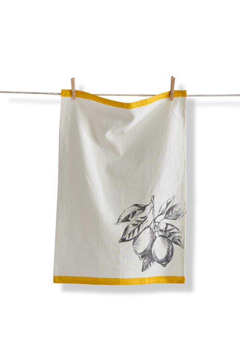 Bright Border Lemon Cotton Flax Dishtowel White Multi 26x18 in, Main, color, White