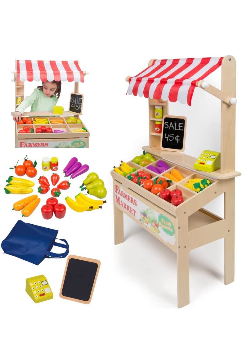 Wooden Farmers Market Stand Toy- 30+ Food Pcs w Chalkboard & Cash Register- Pretend Role Play, Main, color, Red