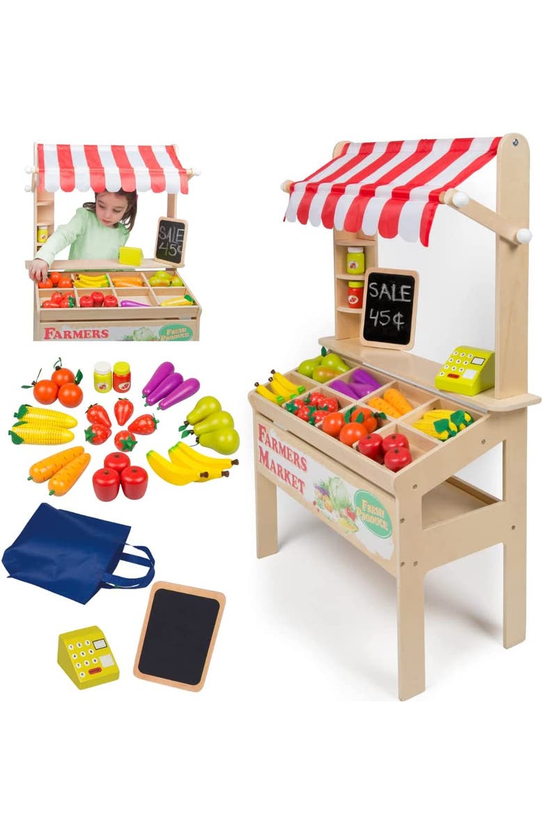 SVAN Wooden Farmers Market Stand Toy- 30+ Food Pcs w Chalkboard & Cash Register- Pretend Role Play, Main, color, Red