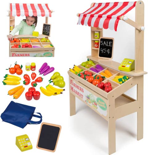 Wooden Farmers Market Stand Toy- 30+ Food Pcs w Chalkboard & Cash Register- Pretend Role Play
