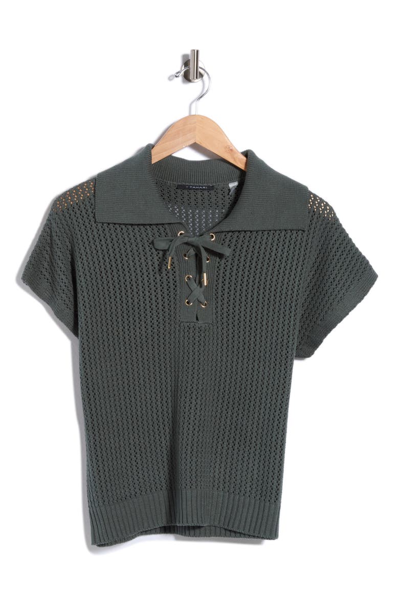Tie Neck Short Sleeve Open Stitch Sweater, Alternate, color, SUEDED SAGE