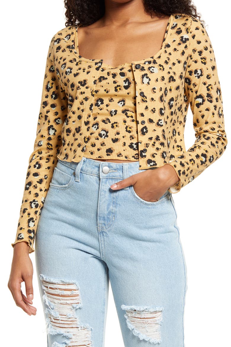 Crop Rib Cardigan & Camisole Set, Main, color, BEIGE NOUGAT LEOPARD
