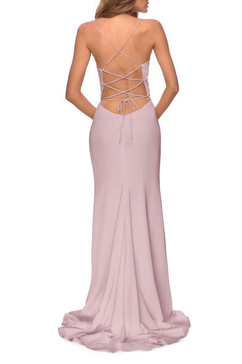 La Femme Ruffle Prom Dress With Scoop Neck And Lace Up Back In Mauve