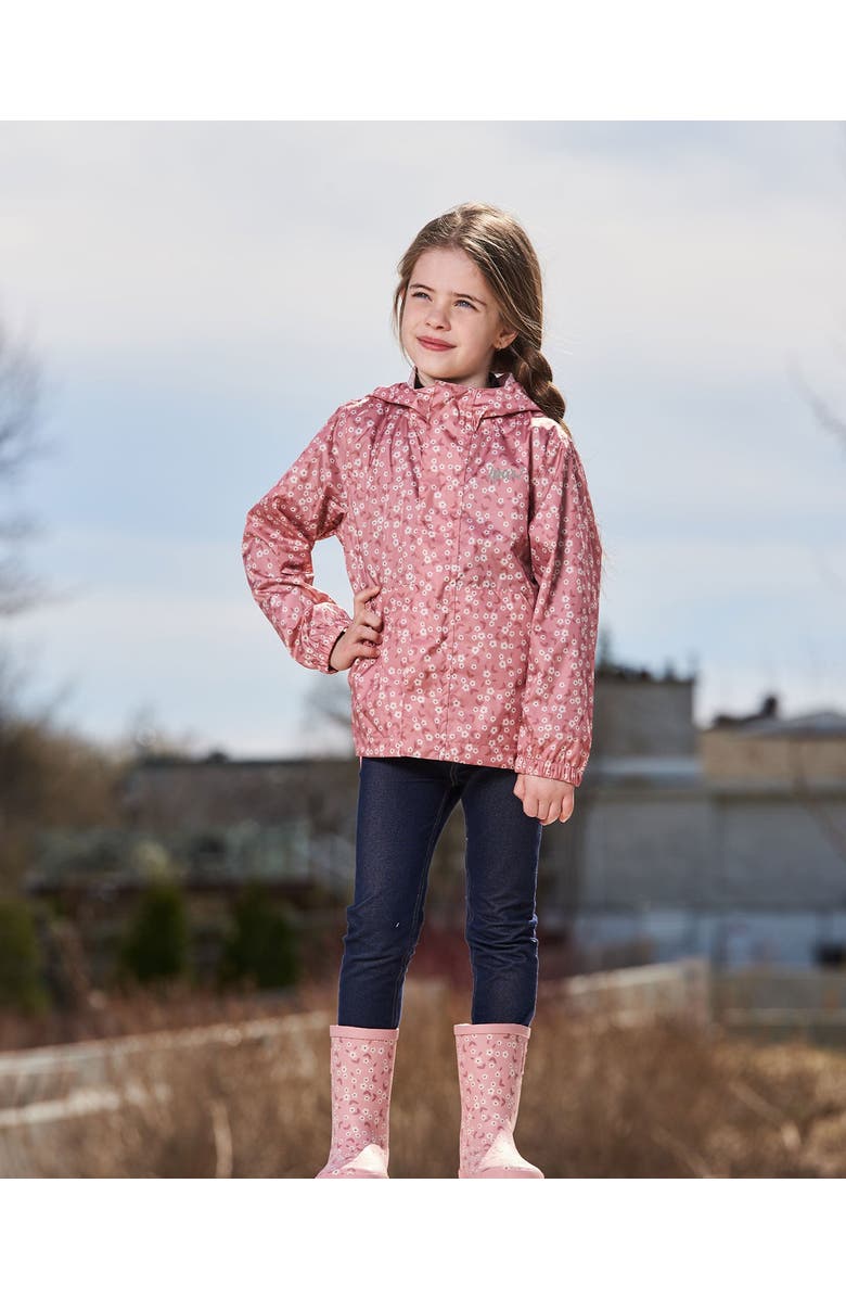 Deux par Deux Girl's Printed Packable Windbreaker Small White Flowers On Pale Pink, Alternate, color,
