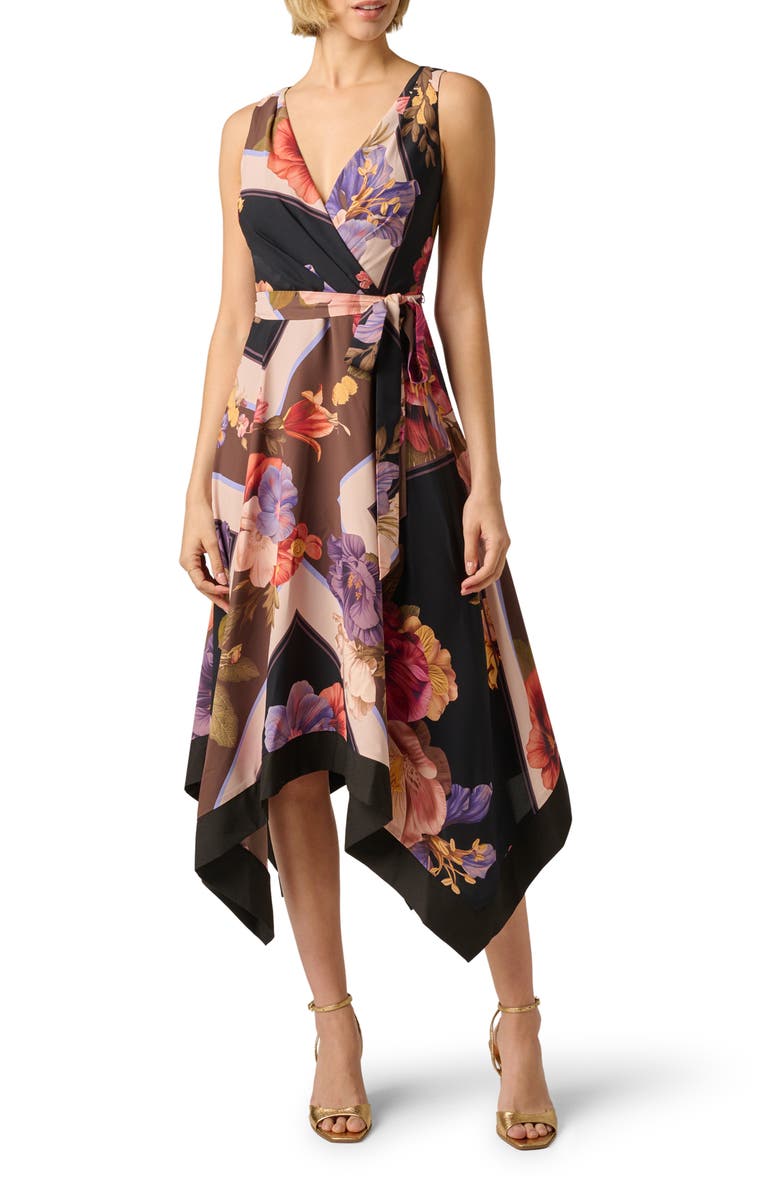 Adrianna Papell Print Handkerchief Midi Dress, Main, color, Black Multi