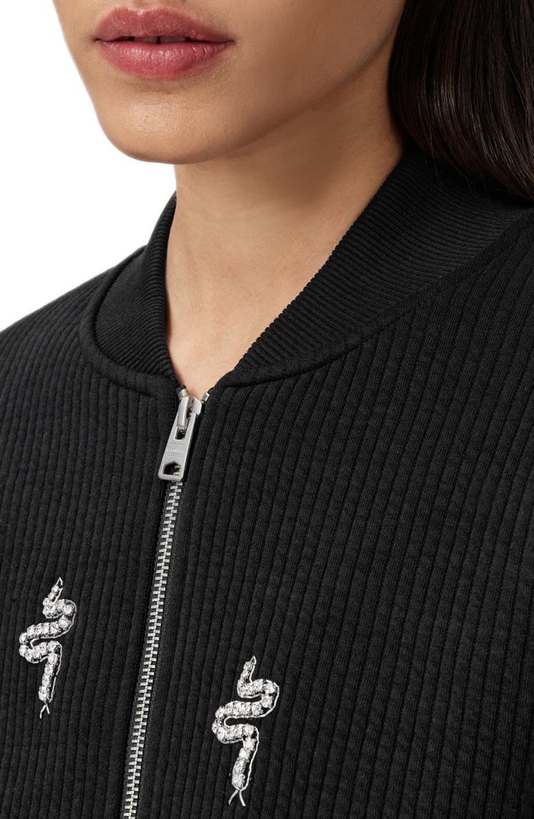 AllSaints Rhea Rhinestone Snake Detail Ribbed Cotton Bomber Jacket, Alternate, color, Black