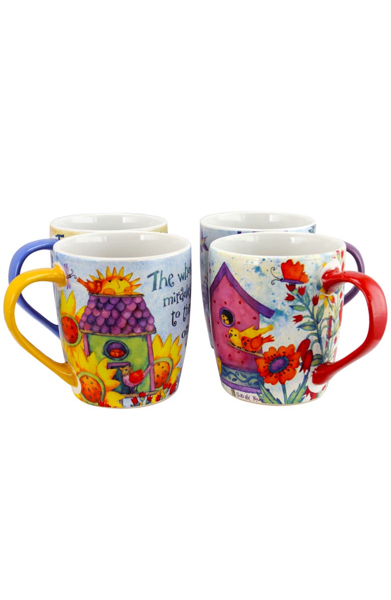 Gibson Home Birdhouse Floral 18 oz Cup Set, Set of 4 Assorted Designs, Alternate, color, Assorted