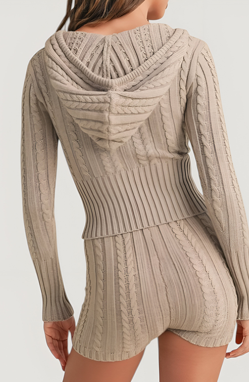 Modenaire Cable Knit Cropped Hoodie With V-neckline And Ribbed Hem In Brown