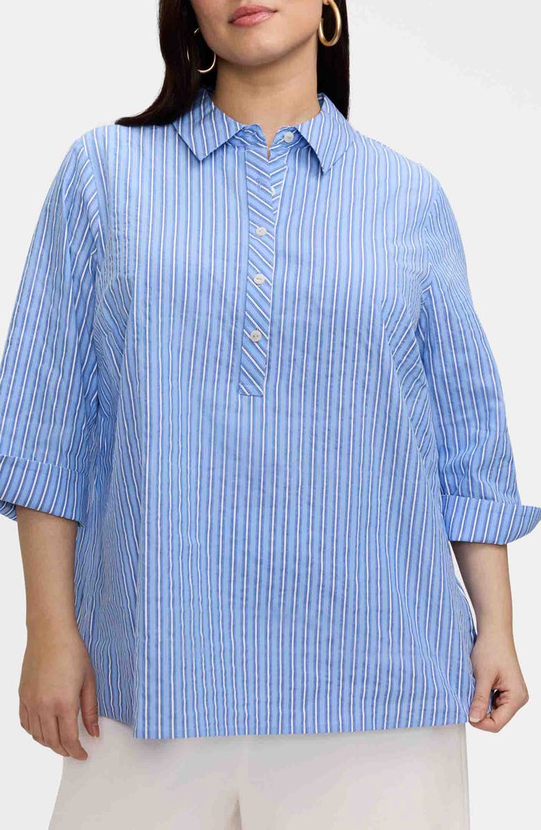 Foxcroft Therese Mini Stripe Popover Top, Main, color, Blue Multi