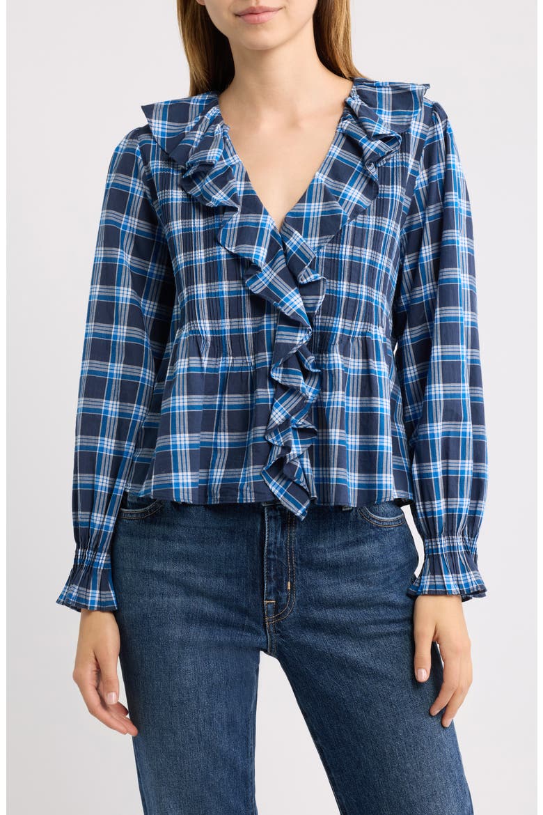Hardy Ruffle V-Neck Organic Cotton Top, Main, color, VALMONT PLAID
