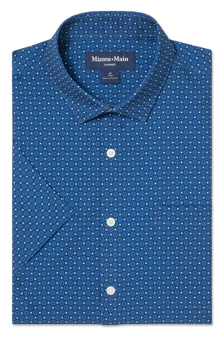 Leeward Trim Fit Navy Medallion Print Short Sleeve Button-Up Shirt, Alternate, color, MIDNIGHT NAVY MEDALLION PRINT