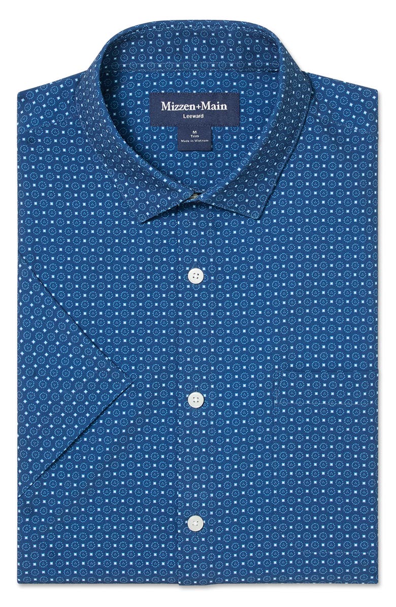 Mizzen+Main Leeward Trim Fit Navy Medallion Print Short Sleeve Button-Up Shirt, Alternate, color, Midnight Navy Medallion Print