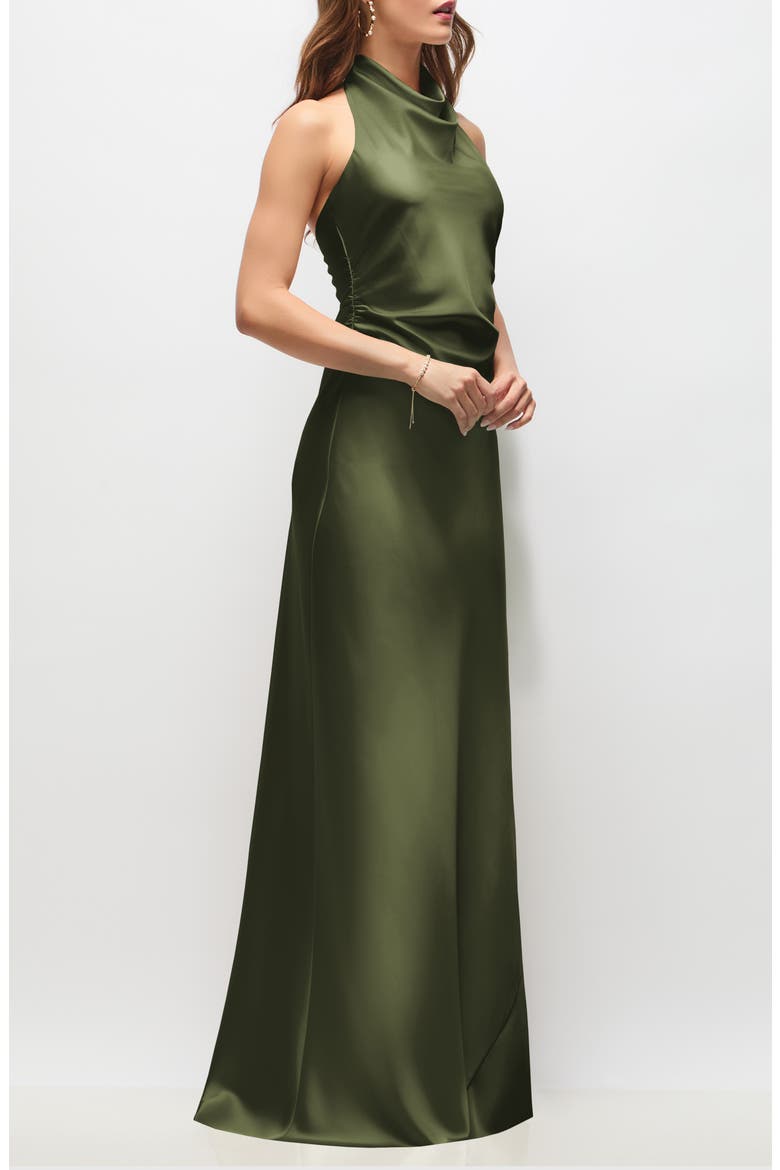 Leona Bias Cut Charmeuse Halter Gown, Alternate, color, OLIVE GREEN