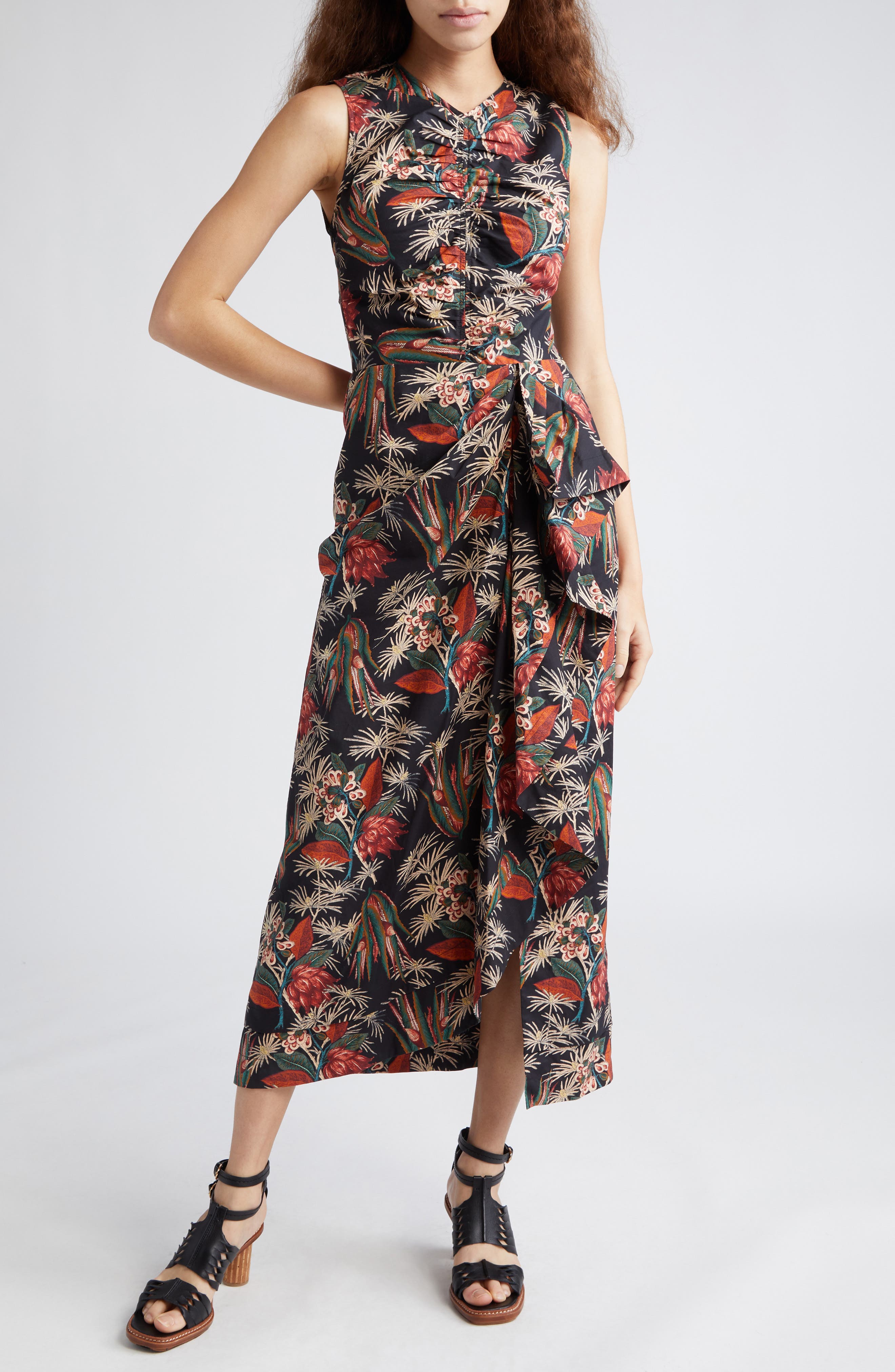 Edlyn Floral Ruffle Detail Cotton Midi Dress