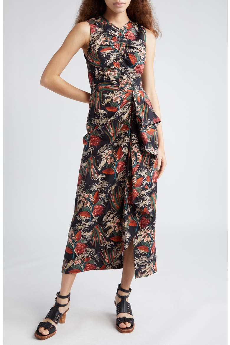 Edlyn Floral Ruffle Detail Cotton Midi Dress, Main, color, ANTHURIUM