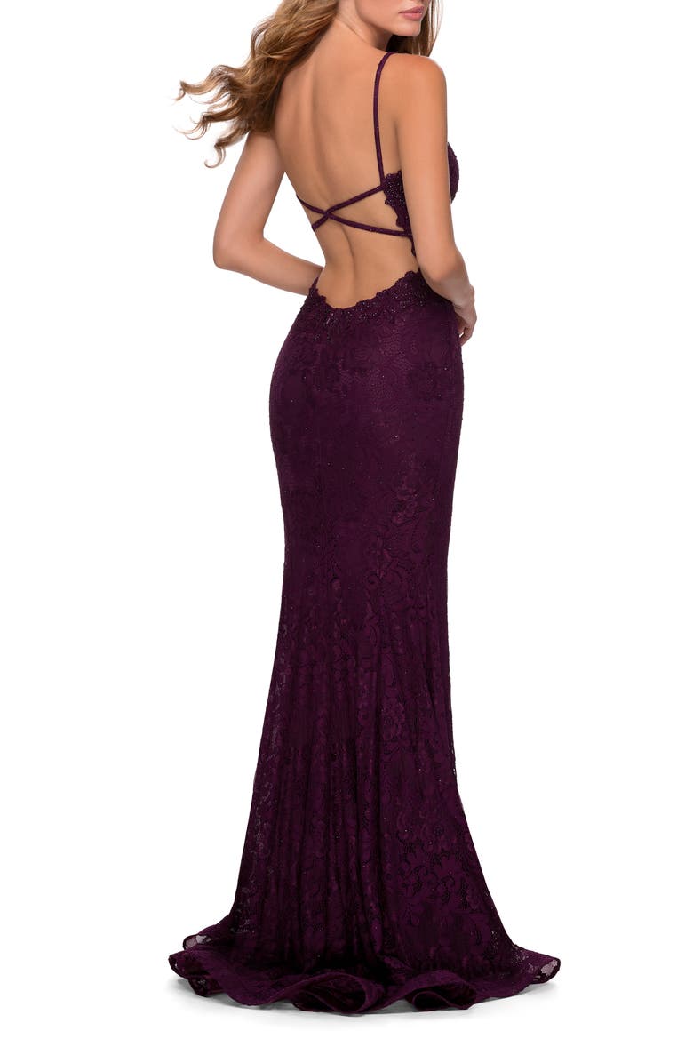 La Femme Lace Dress with Deep V-Neck and Rhinestones, Alternate, color, Dark Berry