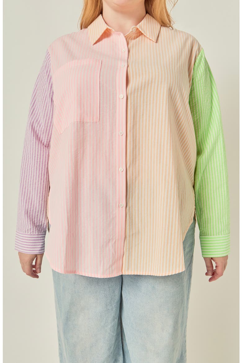 Striped Color Block Button-Up Shirt, Alternate, color, MULTI