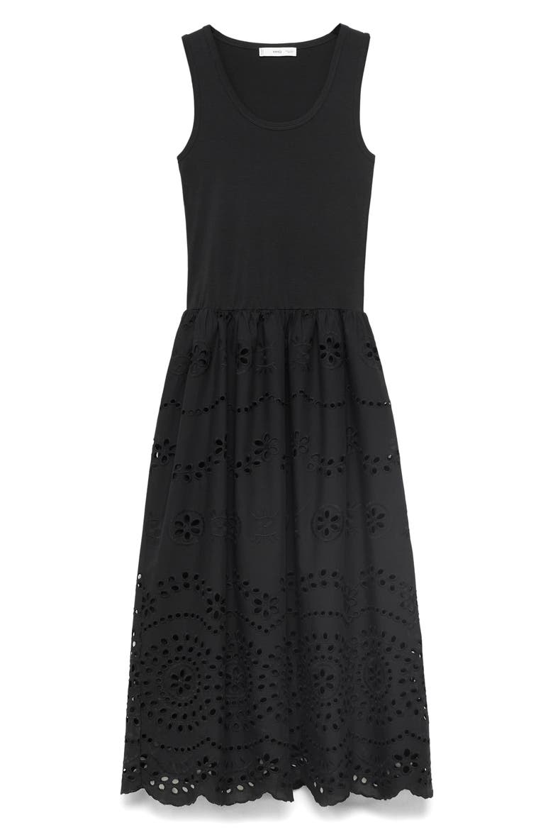 Embroidered Eyelet Detail Mixed Media Cotton Blend Dress, Alternate, color, BLACK