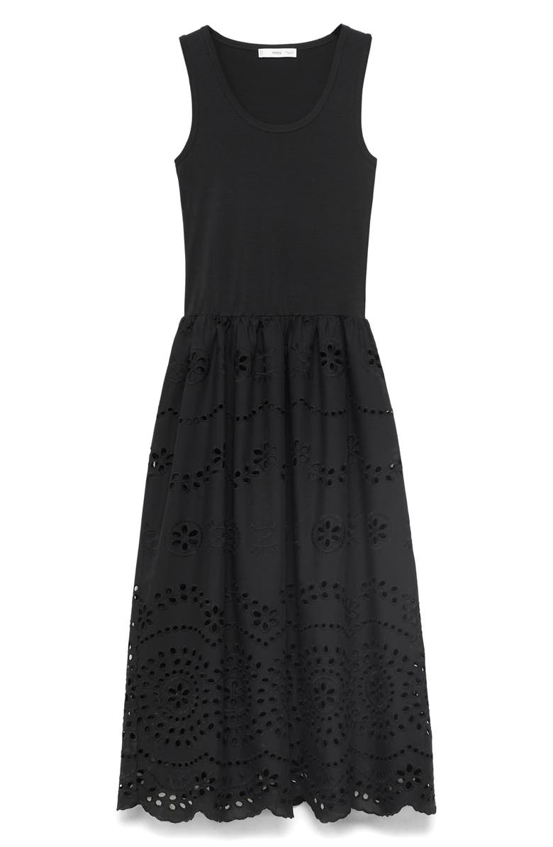 MANGO Embroidered Eyelet Detail Mixed Media Cotton Blend Dress, Alternate, color,