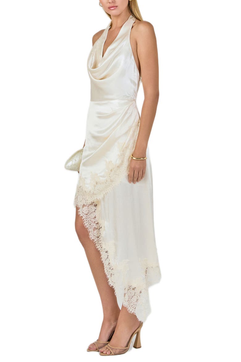 Lace Satin Asymmetric Halter Midi Dress, Alternate, color, CHAMPAGNE
