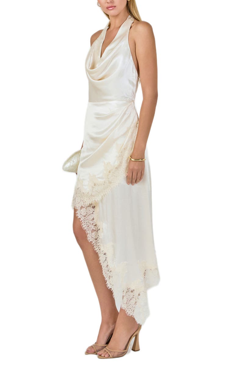 Endless Rose Lace Satin Asymmetric Halter Midi Dress, Alternate, color, Champagne