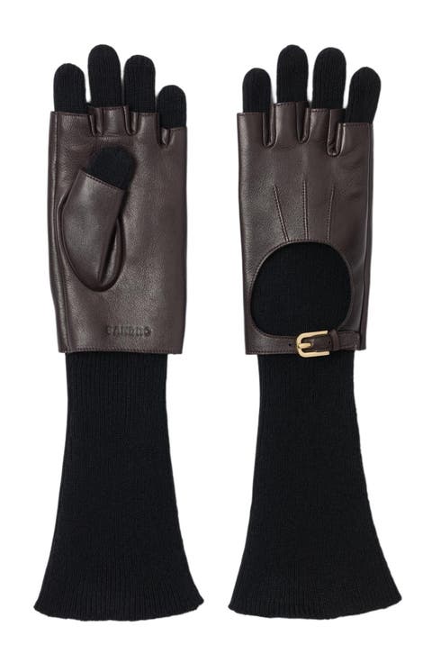 Long knit and leather gloves