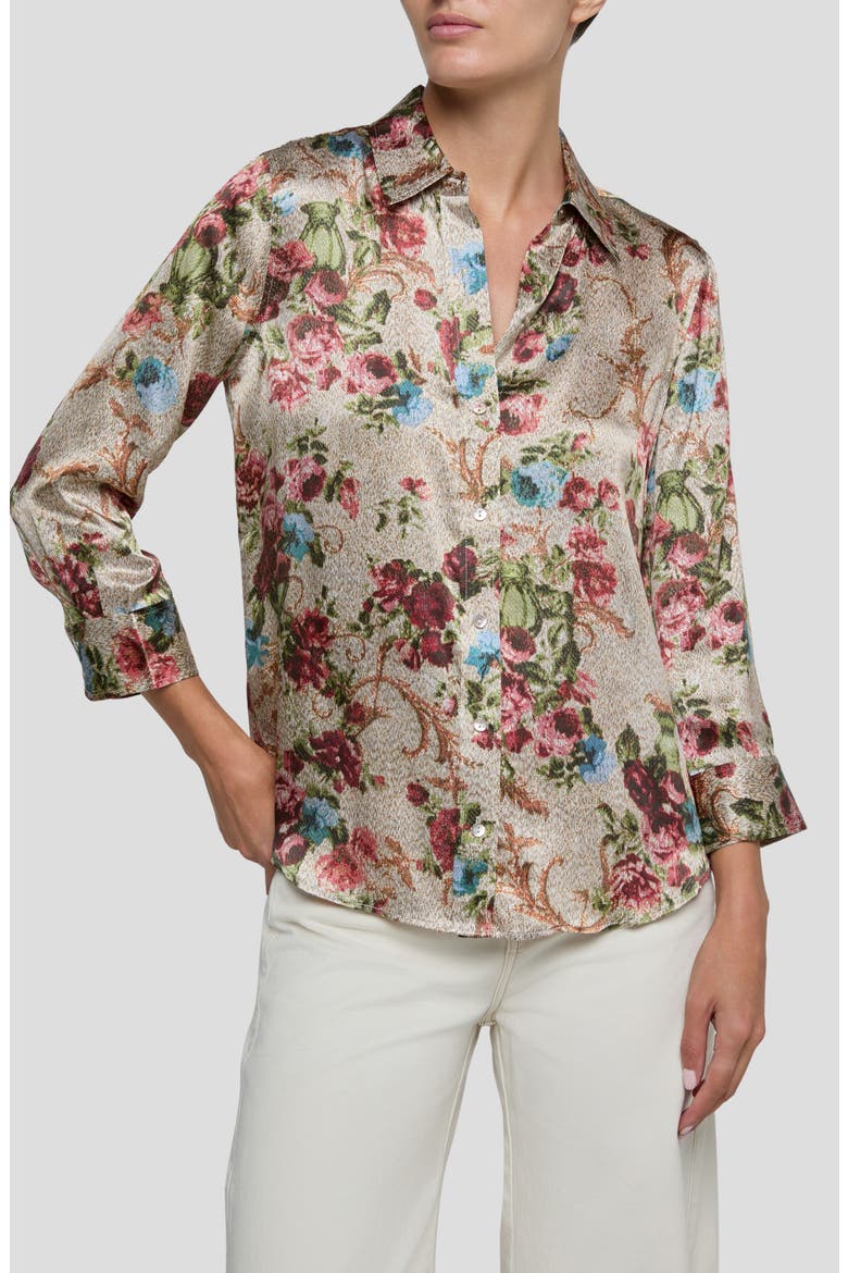 Dani Floral Tapestry Print Three-Quarter Sleeve Silk Button-Up Shirt, Main, color, MULTI FLORAL TAPESTRY