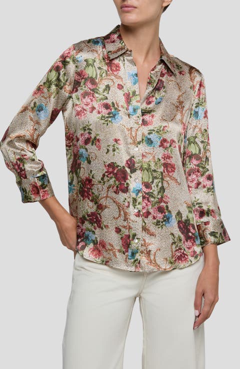 Dani Floral Tapestry Print Three-Quarter Sleeve Silk Button-Up Shirt