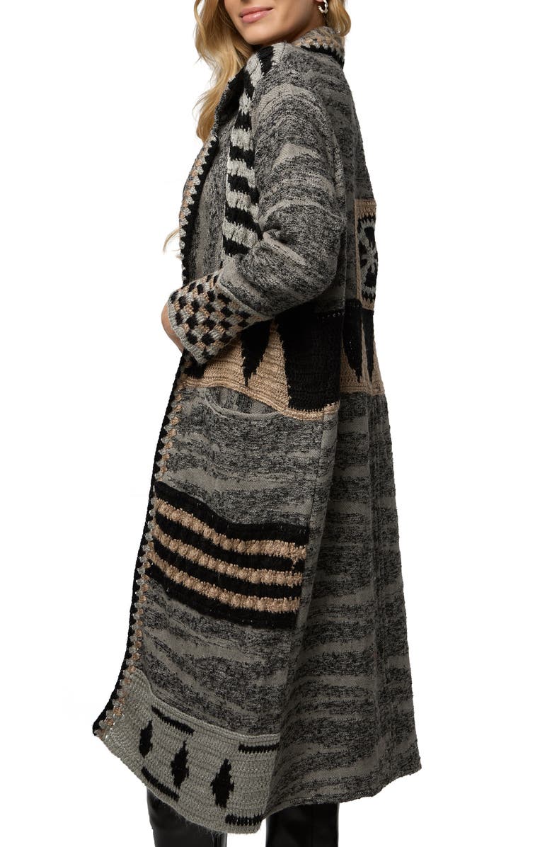 SAACHI Geometric Crochet Longline Cardigan, Alternate, color, Black