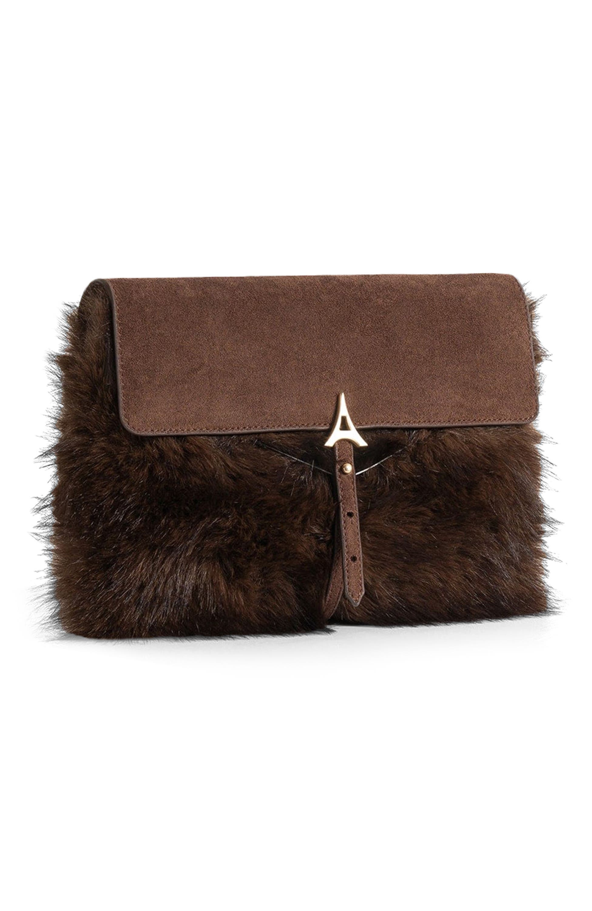 Aliya Fur & Suede Clutch Bag, Alternate, color, Brown