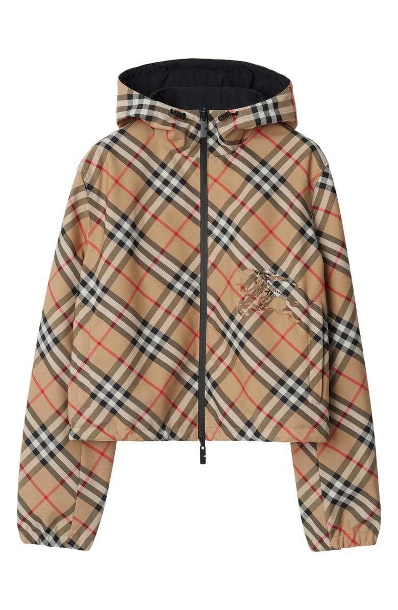 Burberry Equestrian Knight Crop Reversible Hooded Jacket, Alternate, color, Sand Ip Check