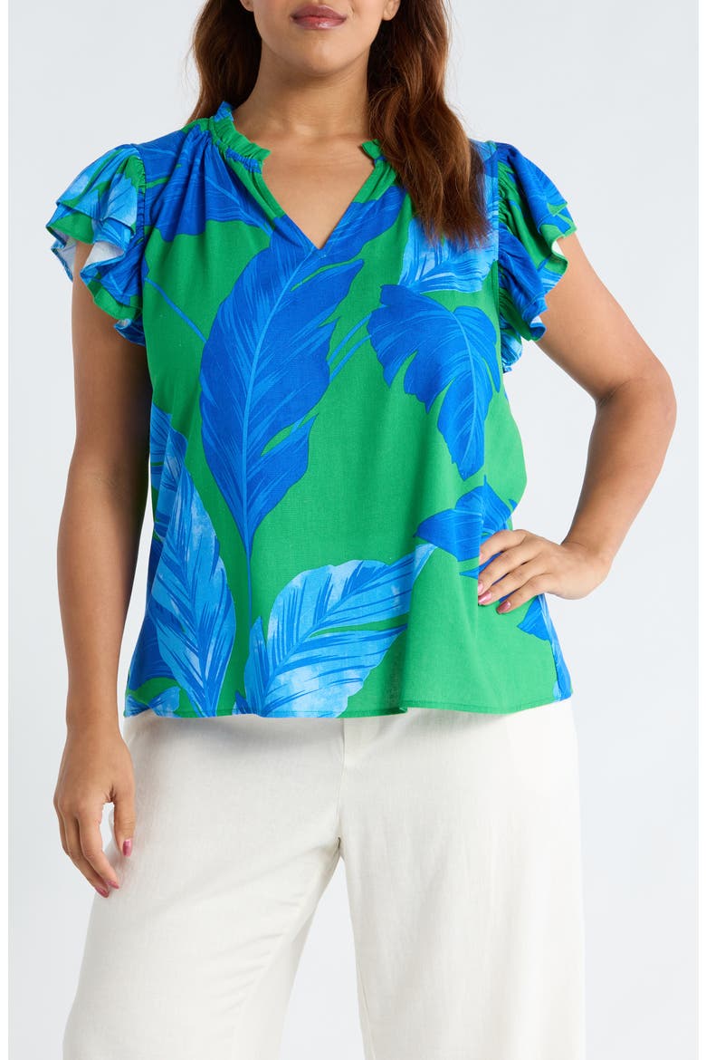 Risette Flutter Sleeve Split Neck Top, Main, color, GREEN-BLUE