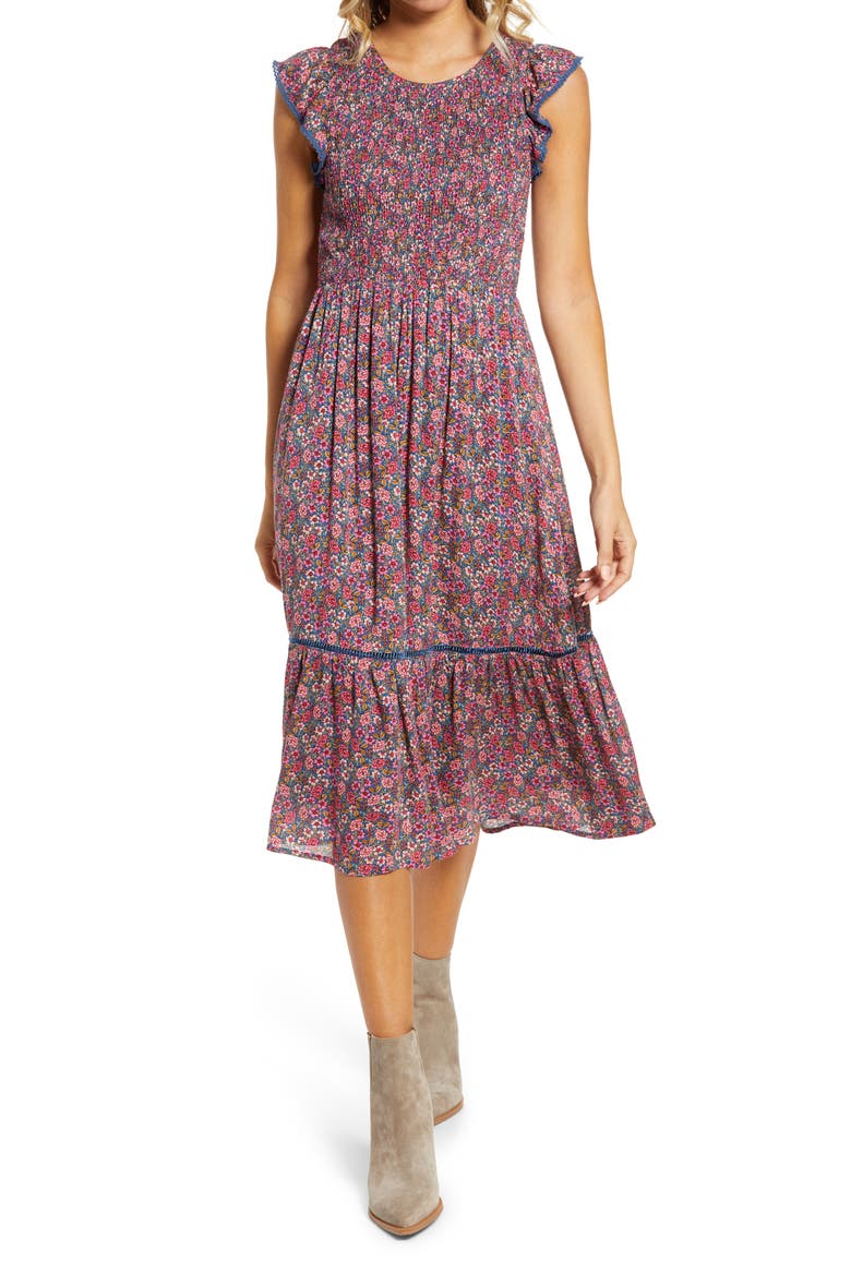 Orchid Print Smocked Midi Dress, Main, color, BLUE MULTI