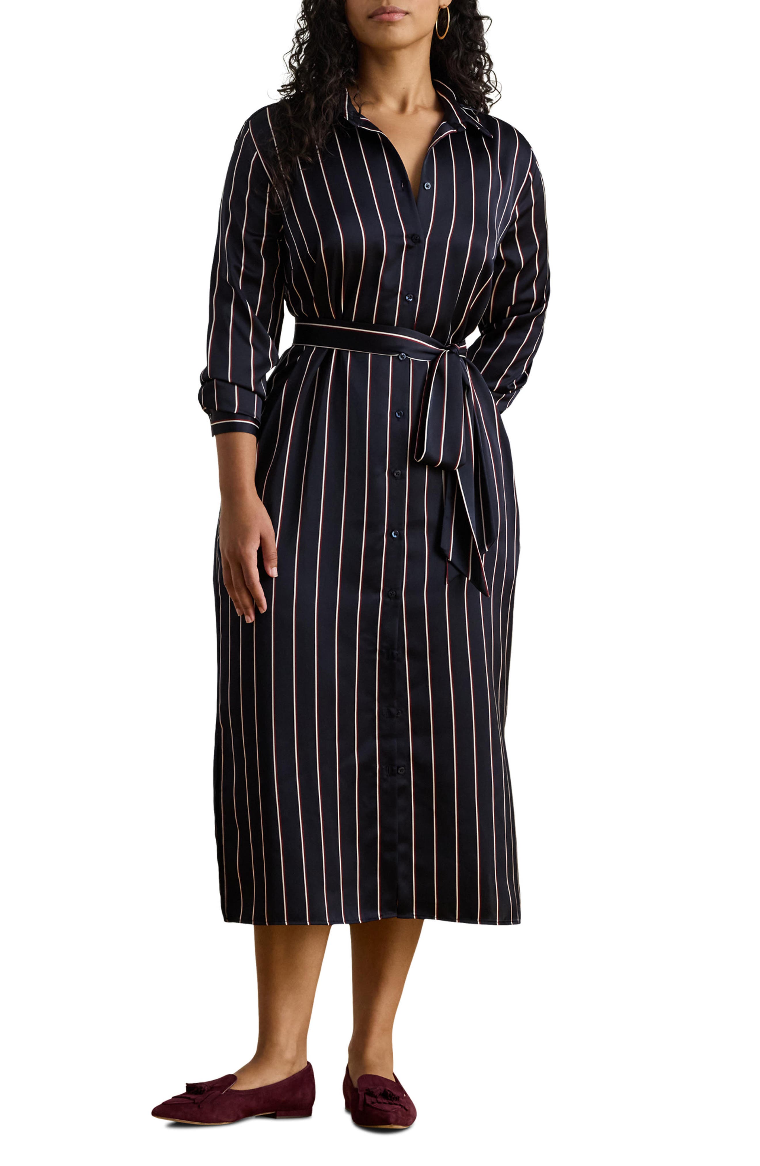 Lauren Ralph Lauren Stripe Long Sleeve Satin Charmeuse Shirtdress