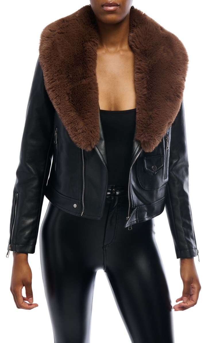 AZALEA WANG Aussy Faux Fur & Faux Leather Moto Jacket, Main, color, 