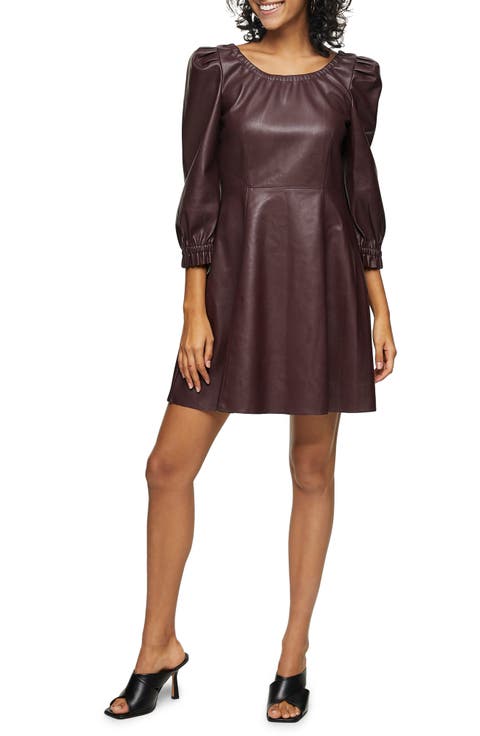 Balloon Sleeve Faux Leather Fit & Flare Dress